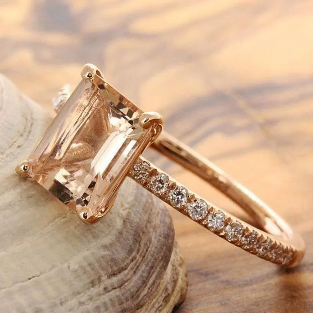 NEW! DAINTY Rose Gold Princess Cur Morganite Engagement Wedding Ring Set… - Picture 7 of 9